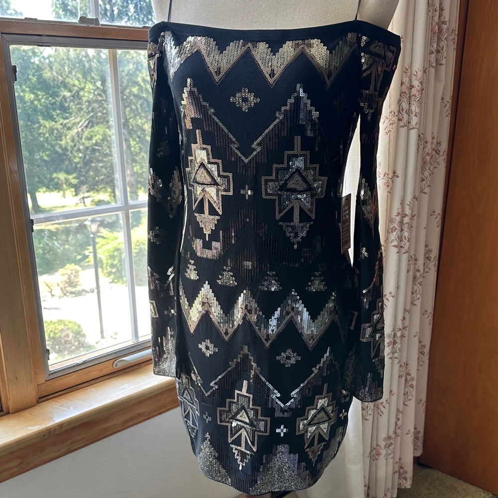 Express Black and Silver Geometric Long Sleeve Dress (NWT)